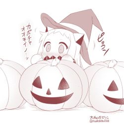 Rule 34 | 10s, 1girl, abyssal ship, blush, commentary request, covered mouth, hat, horns, jack-o&#039;-lantern, kantai collection, long hair, mittens, monochrome, northern ocean princess, nose blush, solo, translation request, twitter username, witch hat, yamato nadeshiko