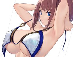 Rule 34 | 1girl, adjusting clothes, armpits, arms behind head, arms up, baffu, bikini, blue eyes, blush, breasts, brown hair, cleavage, commentary request, dressing, gold trim, hitoyo (baffu), large breasts, open mouth, original, short hair, simple background, solo, swimsuit, untied bikini, upper body, white bikini