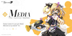 Rule 34 | 1girl, artist name, blonde hair, blue eyes, clothing cutout, detached sleeves, hair rings, higan: eruthyll, holding, holding weapon, long sleeves, looking at viewer, mask, multicolored hair, official art, purple hair, sleeves past wrists, solo, twintails, two-tone hair, upper body, weapon