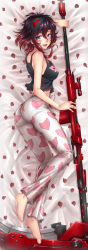 Rule 34 | 1girl, adsouto, ass, bare shoulders, barefoot, black hair, black shirt, blouse, blush, breasts, from above, full body, gradient hair, grey eyes, hair between eyes, highres, looking at viewer, lying, multicolored hair, on side, open mouth, pajamas, pants, red hair, ruby rose, rwby, scythe, shirt, short hair, short hair with long locks, sleeveless, sleeveless shirt, smile, solo, stomach, weapon