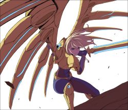 Rule 34 | 1girl, aether wing kayle, alternate costume, armor, blonde hair, blue eyes, bodysuit, boots, fighting stance, gloves, holding, holding weapon, ieung-isegae, kayle (league of legends), league of legends, long hair, mechanical wings, on one knee, solo, sword, weapon, white background, wings