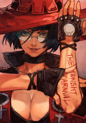 Rule 34 | 1girl, arc system works, black choker, black gloves, black hair, black shirt, blue eyes, body writing, breasts, choker, cleavage, fingerless gloves, glasses, gloves, green-tinted eyewear, green-tinted glasses, grin, guilty gear, guilty gear strive, hand up, hat, heterochromia, hungry clicker, i-no, jacket, looking at viewer, medium breasts, mole, mole above mouth, pink background, red eyes, red hat, red jacket, rimless eyewear, shirt, short hair, smile, solo, sunglasses, tinted eyewear, witch hat