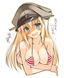 Rule 34 | 10s, 1girl, :d, bare shoulders, bikini, bismarck (kancolle), blonde hair, blue eyes, blush, breasts, cleavage, hat, highres, kantai collection, large breasts, looking at viewer, ohta yuichi, open mouth, peaked cap, simple background, smile, solo, striped bikini, striped clothes, swimsuit, translation request, upper body, white background