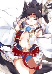 Rule 34 | 1girl, absurdly long hair, armor, bad id, bad nicoseiga id, black hair, black hat, blue eyes, blue panties, breasts, closed mouth, commentary request, cowboy shot, detached sleeves, facial mark, fate/grand order, fate (series), forehead mark, gloves, hat, highres, japanese armor, katana, kusazuri, long hair, long sleeves, looking at viewer, navel, no bra, otokuyou, panties, serious, simple background, small breasts, solo, standing, sword, tassel, underwear, ushiwakamaru (fate), very long hair, weapon, white background, wide sleeves