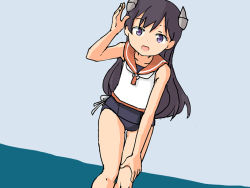 Rule 34 | 1girl, black hair, black one-piece swimsuit, blouse, commentary, cowboy shot, english commentary, grey background, headgear, i-400 (kancolle), kantai collection, leaning forward, looking at viewer, one-hour drawing challenge, one-piece swimsuit, orange sailor collar, purple eyes, sailor collar, sailor shirt, school swimsuit, shirt, sixten, sleeveless, sleeveless shirt, solo, swimsuit, swimsuit under clothes, two-tone background, white shirt