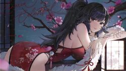 Rule 34 | 1girl, ass, black hair, blue eyes, blush, breasts, china dress, chinese clothes, dress, floral print, highres, jintianhuahualema, large breasts, looking at viewer, original, ponytail, red dress, sideboob, solo, tree