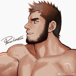 Rule 34 | 1boy, bara, beard, brown hair, facial hair, from side, highres, looking to the side, male focus, mature male, muscular, muscular male, nude, original, pectorals, powerlesssong, short hair, smile, solo, thick eyebrows, weibo logo, weibo watermark