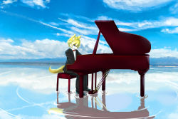 Rule 34 | 1boy, animal ear fluff, animal ears, animal nose, black footwear, black jacket, black pants, blonde hair, blue background, blue eyes, blue sky, body fur, bow, bowtie, closed mouth, cloud, collared shirt, day, fox boy, fox ears, fox tail, furry, furry male, grand piano, half-closed eyes, highres, horizon, instrument, jacket, long sleeves, looking down, male focus, music, open clothes, open jacket, original, outdoors, pants, piano, piano bench, playing instrument, red bow, red bowtie, reflection, reflective water, ripples, shirt, shoes, short hair, sitting, sky, snout, solo, tail, treyer, two-tone fur, white fur, white shirt, yellow fur