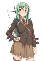 Rule 34 | 10s, 1girl, aqua hair, ascot, blush, brown thighhighs, cowboy shot, green eyes, hand on own hip, kantai collection, kosuke haruhito, long hair, machinery, pleated skirt, school uniform, simple background, skirt, smile, solo, suzuya (kancolle), thighhighs, white background