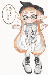 Rule 34 | 1girl, absurdres, arms up, black bow, black hairband, blush, boots, bow, bow hairband, closed mouth, cross-laced footwear, eyelashes, full body, garter straps, grey eyes, hairband, highres, inkling, inkling girl, inkling player character, lemo (lemo 4), long hair, nintendo, orange hair, pointy ears, simple background, solo, splatoon (series), standing, tentacle hair, thighhighs, thought bubble, translated, very long hair, white background, white footwear, white thighhighs