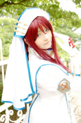 Rule 34 | 1girl, asian, blue eyes, color contacts, cosplay, esther blanchett, esther blanchett (cosplay), looking at viewer, looking back, mizuhara arisa, outdoors, photo (medium), red hair, solo, tagme, trinity blood