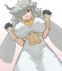 Rule 34 | 1girl, :d, ahoge, animal ears, bad id, bad pixiv id, breasts, brown eyes, commentary, dress, from below, gloves, gradient background, grey hair, hair over one eye, highres, kemono friends, large breasts, long hair, looking at viewer, low twintails, one eye covered, open mouth, ox ears, ox girl, ox horns, simple background, smile, solo, twintails, white dress, yak (kemono friends), zuchi00