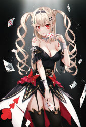 Rule 34 | 1girl, absurdres, bare shoulders, belt, black background, black dress, black hairband, black thighhighs, blonde hair, breasts, brown belt, card, cleavage, closed mouth, commentary, dress, ear piercing, earrings, eichi (skskdi12z), english commentary, facial mark, garter straps, grey choker, hair ornament, hairband, heart, highres, jewelry, light particles, long hair, looking at viewer, medium breasts, off-shoulder dress, off shoulder, original, piercing, playing card, red eyes, sandals, short sleeves, shoulder tattoo, smile, solo, standing, tattoo, thighhighs, twintails