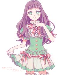 Rule 34 | 1girl, blunt bangs, blush, character request, copyright request, curtsey, green eyes, heart, heart-shaped pupils, orangeharo67, pleated skirt, puffy sleeves, purple hair, ribbon, skirt, smile, solo, symbol-shaped pupils, translation request