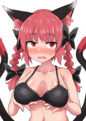 1girl animal_ears black_bow black_bra blush bow bra braid breasts cat_ears cat_tail chups highres kaenbyou_rin looking_at_viewer multiple_tails open_mouth red_eyes red_hair solo tail touhou twin_braids underwear upper_body