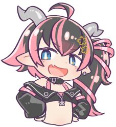 Rule 34 | 1girl, ahoge, belt, belt collar, black belt, black hair, black jacket, black sleeves, blue eyes, blush, bra, bright pupils, chaki (teasets), chibi, collar, commentary request, cropped jacket, demon girl, demon horns, detached sleeves, earrings, fang, flat chest, horns, jacket, jewelry, long hair, looking at viewer, nanashi inc., off shoulder, oinomori may, oinomori may (1st costume), one side up, open mouth, pink bra, pink hair, pointy ears, simple background, skin fang, smile, solo, sugar lyric, transparent background, underwear, upper body, virtual youtuber, white pupils, zipper