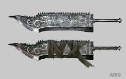 Rule 34 | absurdres, bandages, blade, commentary request, engraved, greatsword, grey background, highres, no humans, original, saw, simple background, sollies, still life, sword, translation request, weapon, weapon focus