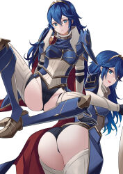 Rule 34 | 1girl, ameno (a meno0), armor, ass, bent over, blue eyes, blue hair, breastplate, cape, fire emblem, fire emblem awakening, fire emblem heroes, great knight (fire emblem awakening), hair ornament, highres, long hair, looking at viewer, looking back, lucina (fate&#039;s resolve) (fire emblem), lucina (fire emblem), multiple views, nintendo, open mouth, shoulder armor, simple background, smile, spread legs, sweatdrop, symbol-shaped pupils, thighs, tiara, very long hair, white background