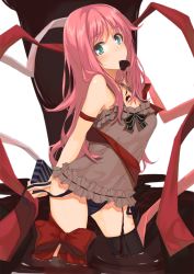 Rule 34 | 1000000000, 1girl, arm strap, arms behind back, black thighhighs, blue eyes, blue panties, candy, chocolate, chocolate heart, food, frills, heart, long hair, mouth hold, original, panties, pink hair, red ribbon, ribbon, side-tie panties, simple background, solo, thighhighs, underwear, untied