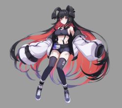 Rule 34 | 1girl, absurdly long hair, absurdres, animal ears, bandages, bare shoulders, belt, black hair, black shirt, black shorts, black thighhighs, breasts, colored inner hair, commission, crop top, crop top overhang, earrings, extra ears, fang, full body, grey background, heart, heart tattoo, highres, jacket, jewelry, large breasts, long hair, long sleeves, looking at viewer, midriff, multicolored hair, navel, off shoulder, open clothes, open jacket, original, puffy sleeves, red eyes, red hair, revealing clothes, shirt, shoes, short shorts, shorts, simple background, sleeveless, sleeveless shirt, sleeves past fingers, sleeves past wrists, solo, stomach, suspenders, tattoo, thighhighs, thighs, two-tone hair, very long hair, white jacket, yogurt dahi