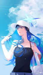 Rule 34 | 1girl, absurdres, bag, bare shoulders, baseball cap, black camisole, blue archive, blue hair, blue sky, breasts, camisole, cloud, collarbone, floating hair, halo, hat, highres, holding, holding bag, large breasts, long hair, looking to the side, outdoors, parted lips, saori (blue archive), sky, solo, twitter username, upper body, very long hair, white hat, zunda kaku