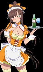 Rule 34 | 10s, 1girl, bow, breasts, brown hair, cleavage, cleavage cutout, clothing cutout, collarbone, dress, green eyes, hair bow, high ponytail, kirasaka sayaka, long hair, looking at viewer, maid headdress, medium breasts, orange bow, orange dress, shiny skin, short dress, short sleeves, solo, standing, strike the blood, thighhighs, transparent background, wrist cuffs, yellow thighhighs