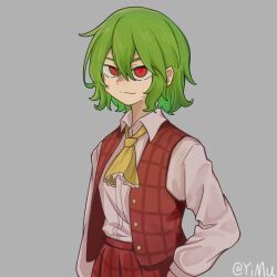 Rule 34 | 1girl, absurdres, ascot, closed mouth, collared shirt, commentary request, green hair, hair between eyes, highres, kazami yuuka, long sleeves, looking at viewer, plaid, plaid skirt, plaid vest, red eyes, red vest, shirt, short hair, skirt, solo, touhou, twitter username, upper body, vest, white shirt, yellow ascot, yimudesu
