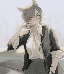 Rule 34 | 1girl, alternate hairstyle, animal ears, arknights, arm support, bespectacled, black jacket, blue eyes, brown hair, collared shirt, commentary request, frown, gae tteok00, glasses, grey background, grey skirt, head rest, jacket, jewelry, korean commentary, looking at viewer, penance (arknights), ponytail, ring, shirt, simple background, skirt, sleeves rolled up, tail, watch, white shirt, wolf ears, wolf girl, wolf tail, wristwatch, yellow eyes