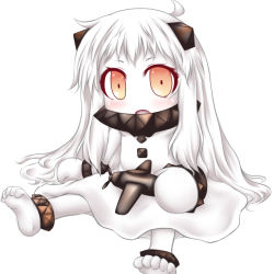 Rule 34 | 10s, 1girl, abyssal ship, ahoge, aircraft, airplane, barefoot, colored skin, holding, horns, kantai collection, long hair, looking at viewer, mittens, northern ocean princess, open mouth, orange eyes, ouno (nounai disintegration), sitting, solo, toe scrunch, toes, white hair, white skin