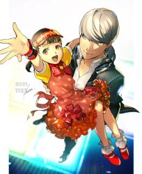 Rule 34 | 1boy, 1girl, absurdres, arm up, black jacket, black pants, bow, brown eyes, btmr game, carrying, child, clothes writing, dance floor, dated, doujima nanako, dress, from above, grey eyes, headphones, headphones around neck, highres, jacket, long sleeves, looking at viewer, low twintails, narukami yuu, open mouth, pants, persona, persona 4, persona 4: dancing all night, persona dancing, polka dot, polka dot dress, princess carry, red bow, red footwear, school uniform, shirt, short twintails, signature, silver hair, smile, star (symbol), twintails, visor cap, white legwear, white shirt, yasogami school uniform, yellow shirt