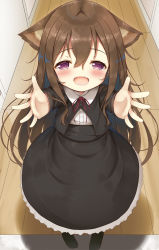 Rule 34 | animal ear fluff, animal ears, arms up, black jacket, black pantyhose, black skirt, blouse, blush, brown hair, cat ears, child, collared shirt, eyebrows, fang, from above, hair between eyes, highres, indoors, jacket, long hair, looking at viewer, looking up, open mouth, original, outstretched arms, outstretched hand, pantyhose, pink eyes, psyche3313, shirt, skirt, solo, white shirt