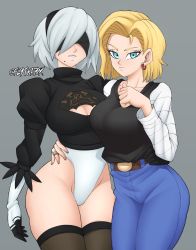 Rule 34 | 2girls, android 18, arm around waist, belt, belt buckle, black blindfold, black gloves, black hairband, blindfold, blonde hair, blue eyes, breasts, buckle, cleavage, cleavage cutout, clothing cutout, collarbone, commentary, covered eyes, crossover, curvy, denim, dragon ball, earrings, english commentary, eyelashes, eyeliner, feather-trimmed sleeves, female focus, fingernails, flytrapxx, gloves, grey background, grey legwear, groin, hairband, high-waist pants, highleg, highleg leotard, highres, jeans, jewelry, juliet sleeves, large breasts, legs together, leotard, long sleeves, looking at viewer, makeup, mole, mole under mouth, multiple girls, nier:automata, nier (series), pants, puffy sleeves, ring, shirt tucked in, silver hair, standing, thick thighs, thighhighs, thighs, trait connection, tsurime, twitter username, vambraces, wedding band, white leotard, 2b (nier:automata)