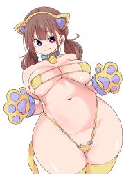 Rule 34 | 1girl, animal ears, animal hands, bikini, brown hair, cat ears, cat paws, cat tail, collar, curvy, heart, heart-shaped pupils, highres, marui maru, navel, solo, swimsuit, symbol-shaped pupils, tail, thick thighs, thighs, tummy fold, twintails, wide hips