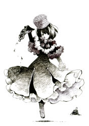 Rule 34 | 1girl, boots, capelet, dress, elbow gloves, full body, fur-trimmed capelet, fur hat, fur trim, gloves, greyscale, hand up, hat, holding, kuonji alice, landing, looking at viewer, mahou tsukai no yoru, monochrome, ono-yuzi, short hair, simple background, solo, wrist cuffs