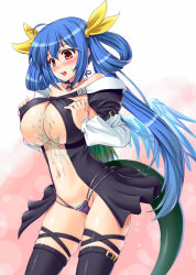Rule 34 | 1girl, arc system works, asymmetrical wings, blue hair, breasts squeezed together, breasts, cum, cum on body, cum on breasts, cum on upper body, dizzy (guilty gear), guilty gear, huge breasts, kawase seiki, large breasts, long hair, navel, red eyes, solo, tail, thighhighs, thong, twintails, underboob, wings