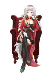 Rule 34 | 1girl, azur lane, black cape, black skirt, black thighhighs, breasts, cape, chair, cleavage, epaulettes, full body, gloves, gold trim, green footwear, grey eyes, highres, italian flag, jacket, lam b, large breasts, long hair, red jacket, shoes, silver hair, simple background, sitting, skirt, solo, thighhighs, very long hair, vittorio veneto (azur lane), white background, white gloves