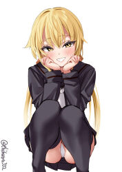 Rule 34 | 1girl, ass, black sailor collar, black serafuku, black skirt, black thighhighs, blonde hair, blush, commentary request, ebifurya, feet out of frame, highres, kantai collection, long hair, long sleeves, looking at viewer, low twintails, neckerchief, one-hour drawing challenge, open mouth, panties, pleated skirt, sailor collar, satsuki (kancolle), school uniform, serafuku, simple background, skirt, smile, solo, thighhighs, twintails, twitter username, underwear, white background, white neckerchief, white panties, yellow eyes
