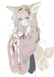 Rule 34 | 1girl, animal, animal ear fluff, animal ears, arknights, black hakama, blonde hair, closed mouth, commentary, cowboy shot, english commentary, eyelashes, falling petals, flower, flower knot, fox, fox cub, fox ears, fox tail, frown, green eyes, hair flower, hair ornament, hair over shoulder, hair ribbon, hairband, hakama, highres, holding, holding animal, japanese clothes, kimono, kissingbrig, light blush, long hair, long sleeves, looking at viewer, multiple tails, official alternate costume, petals, pink kimono, red hairband, red ribbon, ribbon, ribbon-trimmed sleeves, ribbon trim, simple background, solo, suzuran (arknights), suzuran (yukibare) (arknights), tail, white background, white flower, wide sleeves