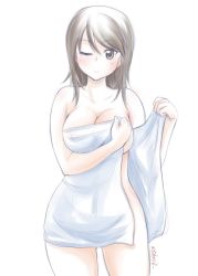 Rule 34 | 1girl, ;), breasts, brown eyes, brown hair, cleavage, closed mouth, commentary, cowboy shot, girls und panzer, holding, holding towel, large breasts, long hair, looking at viewer, mika (girls und panzer), naked towel, one-hour drawing challenge, one eye closed, open towel, simple background, smile, solo, standing, towel, twitter username, white background, white towel, yts takana