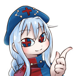 Rule 34 | + +, 1girl, profile picture, blue dress, blue eyes, braid, chamaji, commentary, constellation, cross, dress, hair between eyes, hat, index finger raised, long hair, looking at viewer, lowres, multicolored clothes, multicolored dress, nurse cap, red cross, red dress, signature, silver hair, smile, solo, touhou, upper body, white background, yagokoro eirin