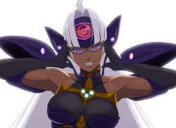 Rule 34 | 1girl, android, bare shoulders, breasts, commentary request, cyborg, dark-skinned female, dark skin, elbow gloves, gloves, kuroi ani, long hair, looking at viewer, nintendo, silver hair, smile, solo, t-elos, t-elos re:, teeth, xenoblade chronicles (series), xenoblade chronicles 2, xenosaga