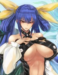 Rule 34 | 1girl, asymmetrical wings, bare shoulders, belt, blue background, blue hair, bow, breasts, choker, collarbone, detached sleeves, dizzy (guilty gear), fingernails, gond, guilty gear, guilty gear x, guilty gear xx, hair between eyes, hair ribbon, hair rings, hand on own chest, huge breasts, long hair, long sleeves, looking at viewer, mature female, midriff, nail polish, navel, open mouth, puffy long sleeves, puffy sleeves, red eyes, ribbon, sideboob, simple background, solo, toned, twintails, underboob, upper body, wings, yellow bow