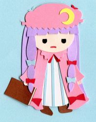 Rule 34 | aqua background, blue bow, blunt bangs, book, bow, crescent, crescent hair ornament, dress, full body, hair ornament, hair ribbon, hat, highres, holding, holding book, long hair, long sleeves, mob cap, paper (medium), papercraft (medium), patchouli knowledge, pink hat, poru (tohopunk), purple hair, red bow, ribbon, simple background, solo, striped clothes, striped dress, touhou, unconventional media, very long hair