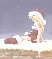 Rule 34 | 1990s (style), 1girl, akazukin chacha, back, bare arms, bare shoulders, blonde hair, brick wall, cosplay, fur-trimmed footwear, fur trim, hat, long hair, magical princess, miniskirt, on roof, retro artstyle, roof, rooftop, running bond, santa costume, santa hat, shirt, sitting, skirt, solo, strapless, strapless shirt