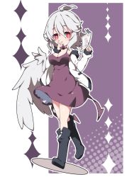 Rule 34 | 1girl, ahoge, bare shoulders, black footwear, blush, boots, breasts, brown dress, cleavage, closed mouth, commentary request, dress, grey hair, grey wings, hair between eyes, hand to own mouth, hand up, holding, jacket, kishin sagume, knee boots, large breasts, long sleeves, looking at viewer, milkpanda, off shoulder, open clothes, open jacket, red eyes, single wing, sleeveless, sleeveless dress, sleeves past wrists, solo, touhou, white jacket, wings