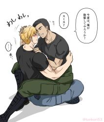 Rule 34 | 2boys, ao isami, black footwear, black hair, black shirt, blonde hair, blush, boots, closed eyes, couple, facial hair, hand in another&#039;s hair, highres, lewis smith, male focus, multiple boys, shirt, short hair, short sleeves, sideburns stubble, sitting, sitting on person, speech bubble, stubble, toned, toned male, tonkori53, translation request, twitter username, white background, yaoi, yuuki bakuhatsu bang bravern