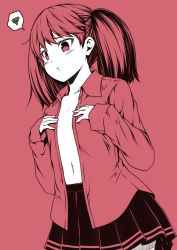 Rule 34 | 10s, 1girl, :t, blush, closed mouth, flat chest, hands on own chest, kantai collection, kouji (campus life), long sleeves, looking at breasts, monochrome, navel, no bra, open clothes, open shirt, pleated skirt, pout, red background, red theme, ryuujou (kancolle), shirt, short hair, simple background, sketch, skirt, sleeves past wrists, solo, spoken squiggle, squiggle, twintails