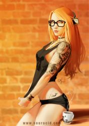 Rule 34 | 1girl, breasts, brick wall, choker, coffee, coffee cup, cup, disposable cup, from side, glasses, headphones, karl liversidge, lips, long hair, looking at viewer, nose, orange hair, pepper project, shirt tug, short shorts, shorts, solo, tank top, tattoo, watermark, web address