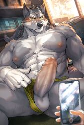 Rule 34 | 1boy, 1other, abs, animal ears, bara, blush, camera phone, cellphone, censored, commentary request, cum, cum on body, electric fan, erection, furry, furry male, holding, holding phone, looking at another, male focus, morenatsu, mosaic censoring, multiple scars, muscular, muscular male, okusu (oaks16), on floor, pawpads, pectorals, phone, ponytail, scar, scar across eye, scar on face, scar on nose, sitting, smartphone, tail, ten kodori, topless male, wolf boy, wolf ears, wolf tail, yellow eyes, yellow fundoshi