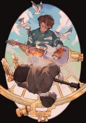 Rule 34 | 2boys, acoustic guitar, astrolabe, bird, black border, blue sky, border, brown hair, brown hat, brown shirt, closed eyes, compass, dream smp, dual persona, electric guitar, from behind, green shirt, guitar, hair over one eye, hat, highres, holding, holding guitar, holding instrument, instrument, male focus, minecraft youtube, multiple boys, music, orange shirt, playing guitar, playing instrument, qtiq, real life, seagull, sepia, shirt, signature, sky, sky print, sundial, upside-down, wilbur soot
